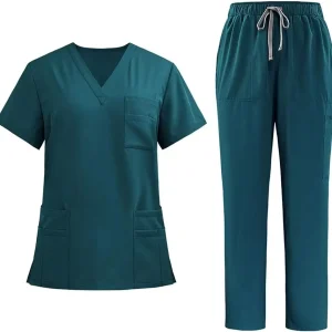 Women Nurse Workwear Medical Uniform–stretch v-neck Top & Straight Leg Pants
